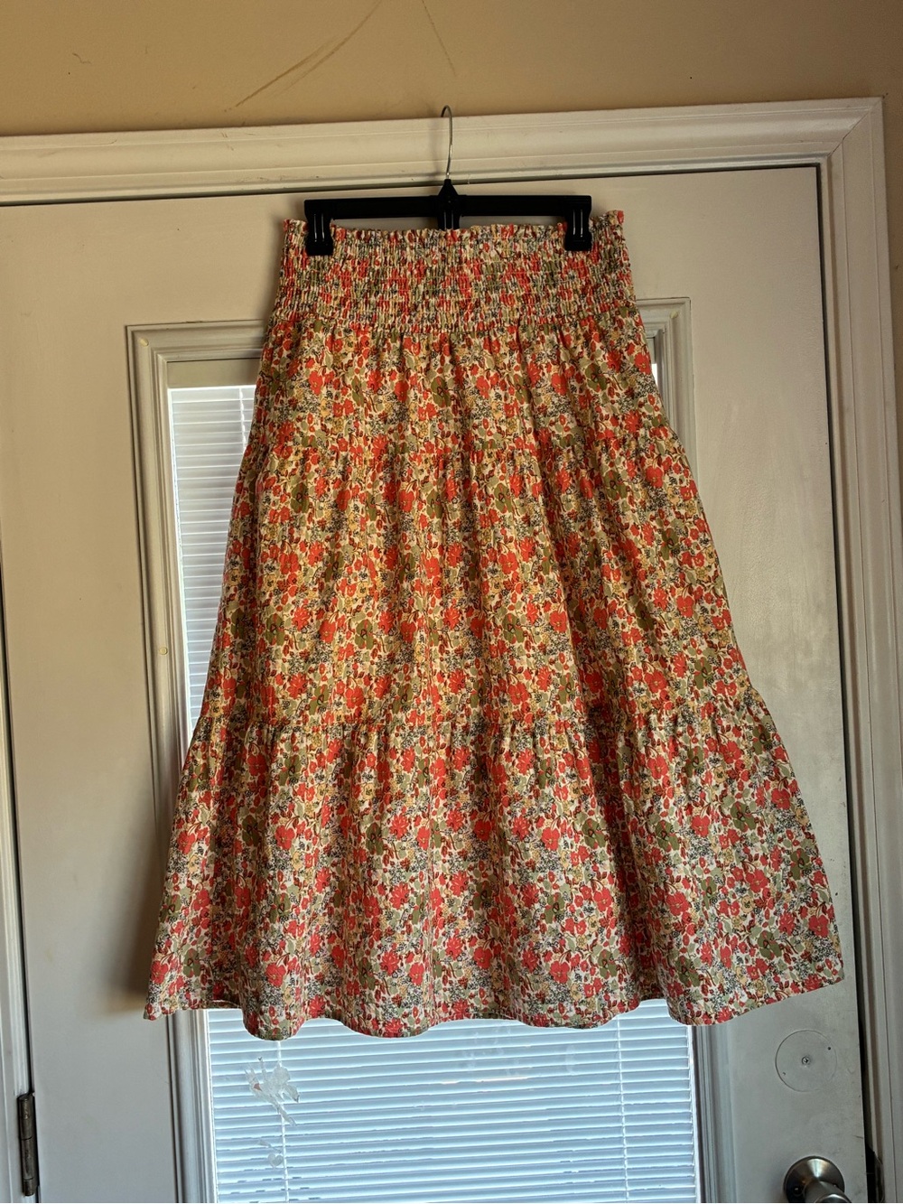 Universal Thread Floral Tiered Midi Skirt in Red, Green, Cream